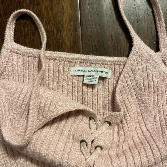 American Eagle Lace Up Corset Knit Top Cottagecore Y2K Soft Pink - Picture 4 of 8